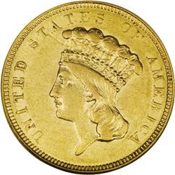 1854-O $3 AU55 NGC. Light greenish-gold surfaces exhib 