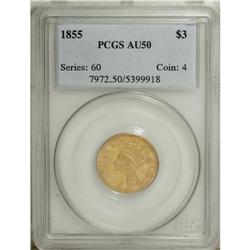 1855 $3 AU50 PCGS. Softly struck and luminous with lig 