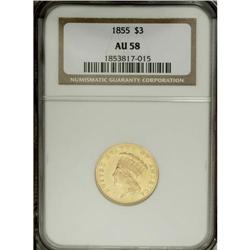 1855 $3 AU58 NGC. Pale greenish-gold fields contrast w 
