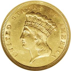 1856 $3 AU58 NGC. The O in DOLLARS is softly struck an 