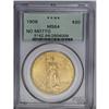 1908 $20 No Motto MS64 PCGS. Long Rays Obverse. This a 