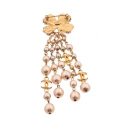 Chanel Gold Clover CC Pearl Dangle Brooch Pin