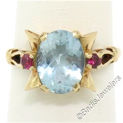 Retro 14kt Yellow Gold 2.18 ctw Aquamarine Solitaire and Synthetic Ruby Ring