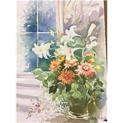 Zina Roitman- Original Watercolor "Bouquet at the window"