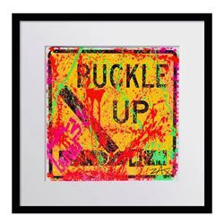 E.M. Zax, "Buckle Up" Framed Original Hand Painted Metal Street Sign, Hand Signed with Letter of Aut