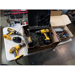 DEWALT CORDLESS DRILLS AND BOX OF TOOLS AND PUNCH