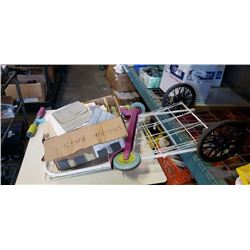 BOX OF VACUUM BAGS, SHOPPING CART AND SCOOTER