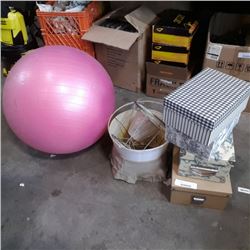 Lot of hard side boxes and lampshades with exercise ball