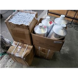 Lot of aluminum jugs with lids and small plastic bottles