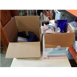 2 BOXES OF BLUE GLASS VASES AND CUPS, GLASS BOWLS, VASES