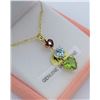 Image 2 : 14KT YELLOW GOLD GENUINE PERIDOT, AQUAMARINE, AND GARNET TRIPLE HEART PENDANT W/ 16in STERLING GOLD 