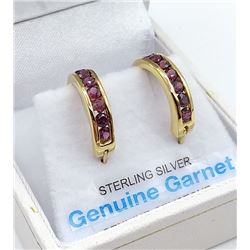 STERLING SIVER YELLOW GOLD PLATED GENUINE GARNET HOOP EARRINGS W/ APPRAISAL $860 - 14 GARNET (.7CTS)