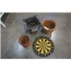 Image 1 : LOT OF PLANTERS, WICKER BASKET AND DART BOARD