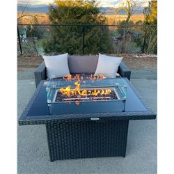 BRAND NEW RATTAN AND GLASS TOP FIRE TABLE RETAIL $999, POWDER COATED ALUMINUM FRAME, 55,000 BTU, CSA