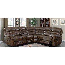 BRAND NEW BROWN AIR LEATHER CORNER RECLINING SECTIONAL W/ CONSOLE AND BRASS NAIL HEADS - RETAIL $289