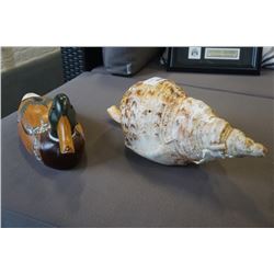 WOODEN DUCK DECOY AND CAST CONCH SHELL