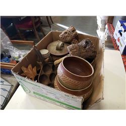 POTTERY BOWLS, WOOD CARVINGS, CAST IRON PAN