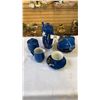 Image 1 : BLUE TEA SET WITH CREAM AND SUGAR AND CRYSTAL BOWL