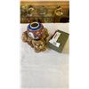 Image 1 : CARVED ASHTRAY, HAND PAINTED VASE, AND MINI TEA SET