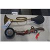 Image 1 : BRASS HORN, STAINLESS EASTERN KNIFE IN SHEATH AND DANDELION PAPER WEIGHT