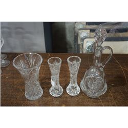 3 CRYSTAL VASES AND CRYSTAL DECANTER