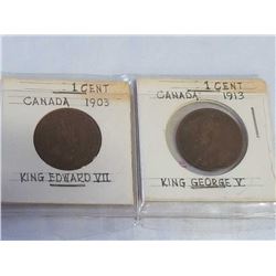 2 CANADIAN KING EDWARD VII 1 CENT COINS - 1903, 1913