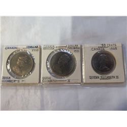 2 CANADIAN DOLLARS AND 50 CENT PIECE QUEEN ELIZABETH II 1968, 1969, 1971