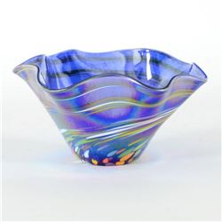 Glass Eye Studios, "Mini Wave Bowl (Blue Rainbow Twist)" Hand Blown Glass Sculpture (Second).