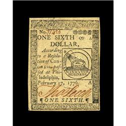 Continental Currency February 17, 1776 $1/6 Very Choice 