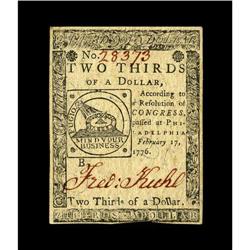 Continental Currency February 17, 1776 $2/3 Very Choice 