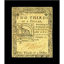 Continental Currency February 17, 1776 $2/3 Extremely F 