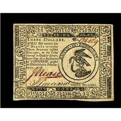 Continental Currency February 17, 1776 $3 Gem New. An a 