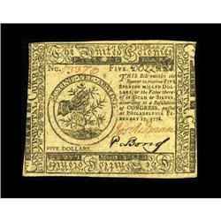 Continental Currency February 17, 1776 $5 About New. Th 