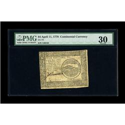 Continental Currency April 11, 1778 $4 PMG Very Fine 30 