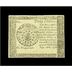 Continental Currency September 26, 1778 $40 Blue Counte 