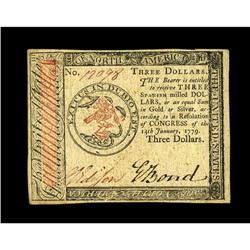 Continental Currency January 14, 1779 $3 Choice About N 
