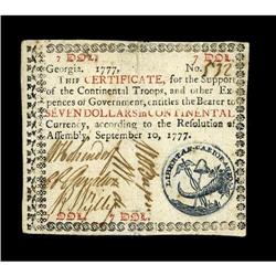 Georgia September 10, 1777 $7 Extremely Fine. This is o 