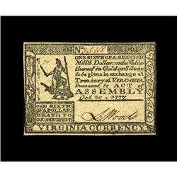 Virginia October 20, 1777 $1/6 Very Choice New. An abso 