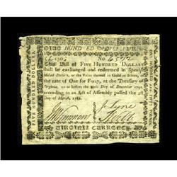 Virginia March 1, 1781 $500 Extremely Fine. The signatu 