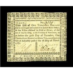 Virginia March 1, 1781 $1000 Extremely Fine. There are 