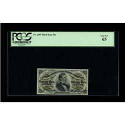 Fr. 1295 25¢ Third Issue PCGS Gem New 65. Broadly margi 