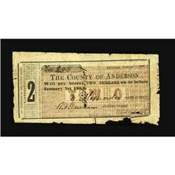 Palestine, TX- Anderson County $2 Jan. 1, 1863 Medlar 4 