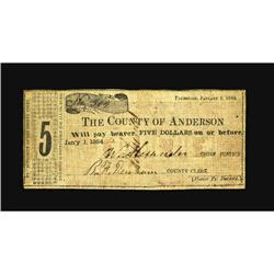 Palestine, TX- Anderson County $5 Jan. 1, 1863 Medlar 5 