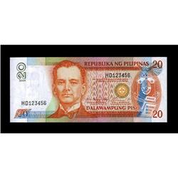 Philippines 20 Piso Pick-182h Ladder Serial 123456 CU 