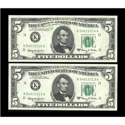 Fr. 1967-K $5 1963 Federal Reserve Notes. Two Consecuti 