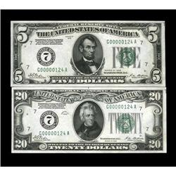 Fr. 1950-G $5 1928 Federal Reserve Note, Fr. 2050-G $20 