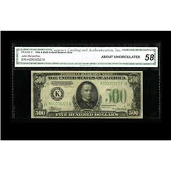 Fr. 2202-K $500 1934A Federal Reserve Note. CGA About U 