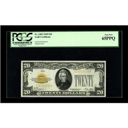 Fr. 2402 $20 1928 Gold Certificate. PCGS Gem New 65PPQ. 