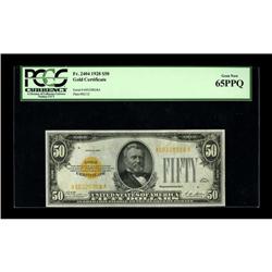Fr. 2404 $50 1928 Gold Certificate. PCGS Gem New 65PPQ. 
