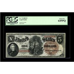 Fr. 72 $5 1880 Legal Tender PCGS Choice New 63PPQ. This 